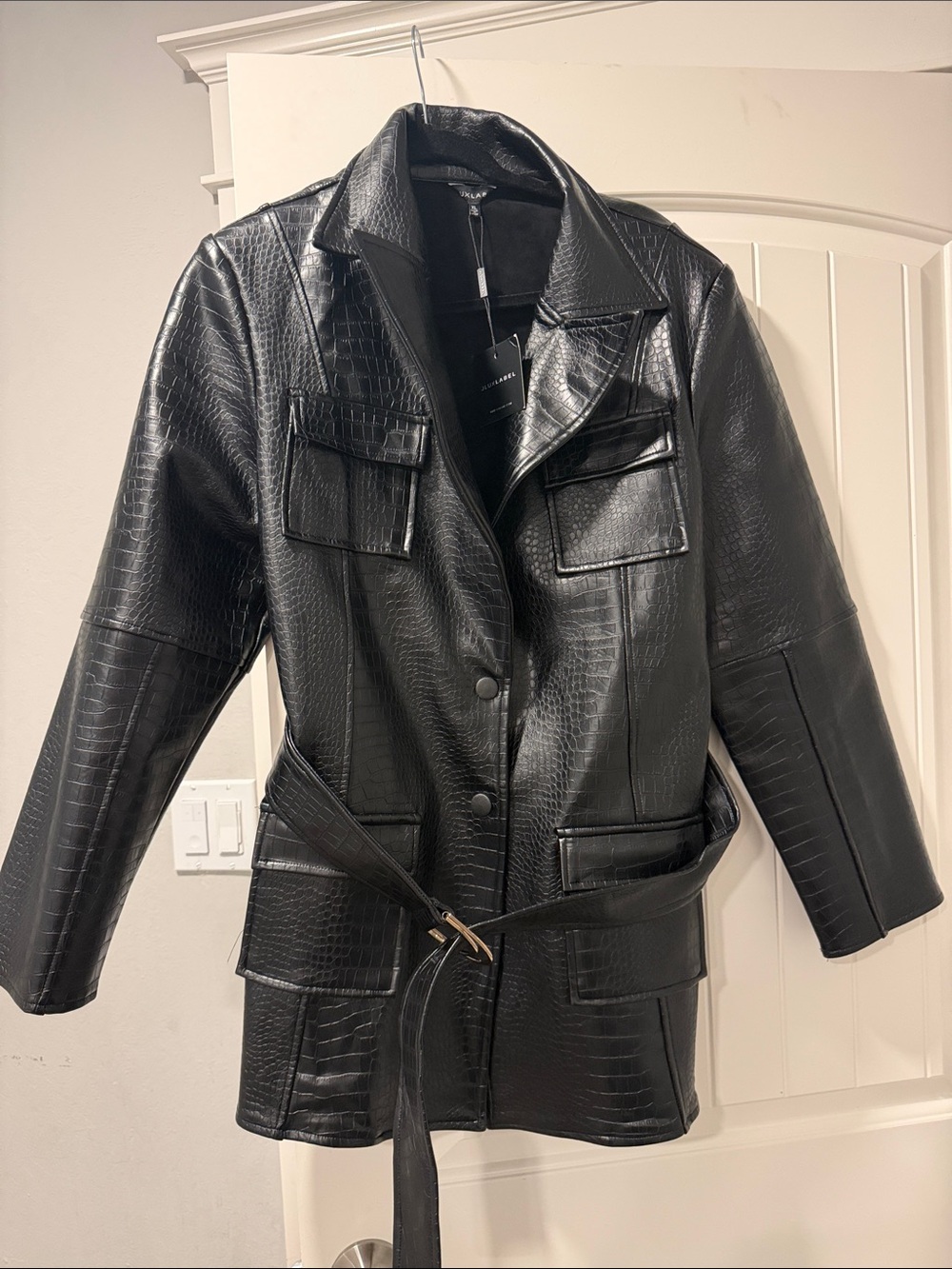 JLUXLABEL Black Faux-Croc Belted Leather Jacket